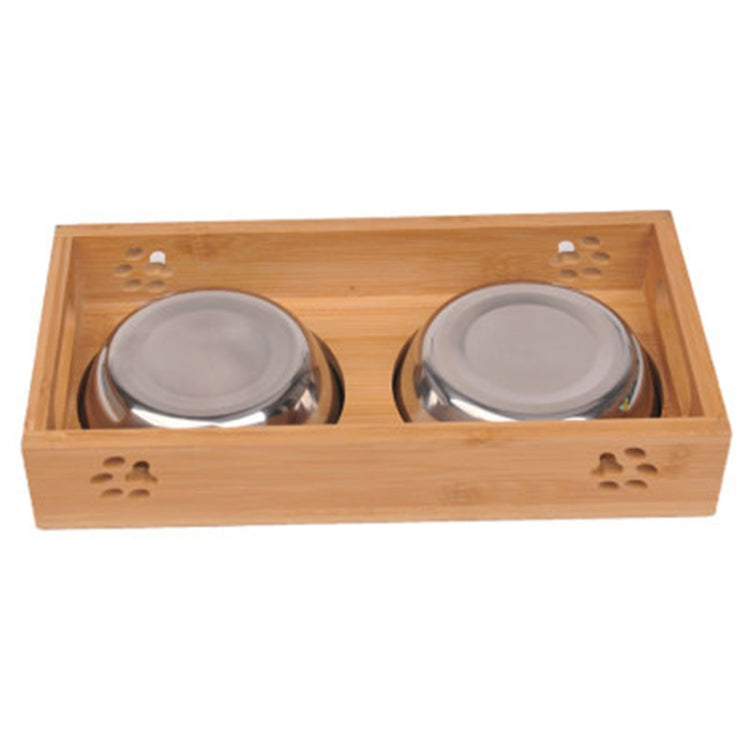 Cat Dog Pet Stainless Steel Feeding and Drinking Bowls Combination With Bamboo Frame, Size:S