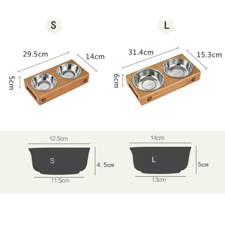 Cat Dog Pet Stainless Steel Feeding and Drinking Bowls Combination With Bamboo Frame, Size:L