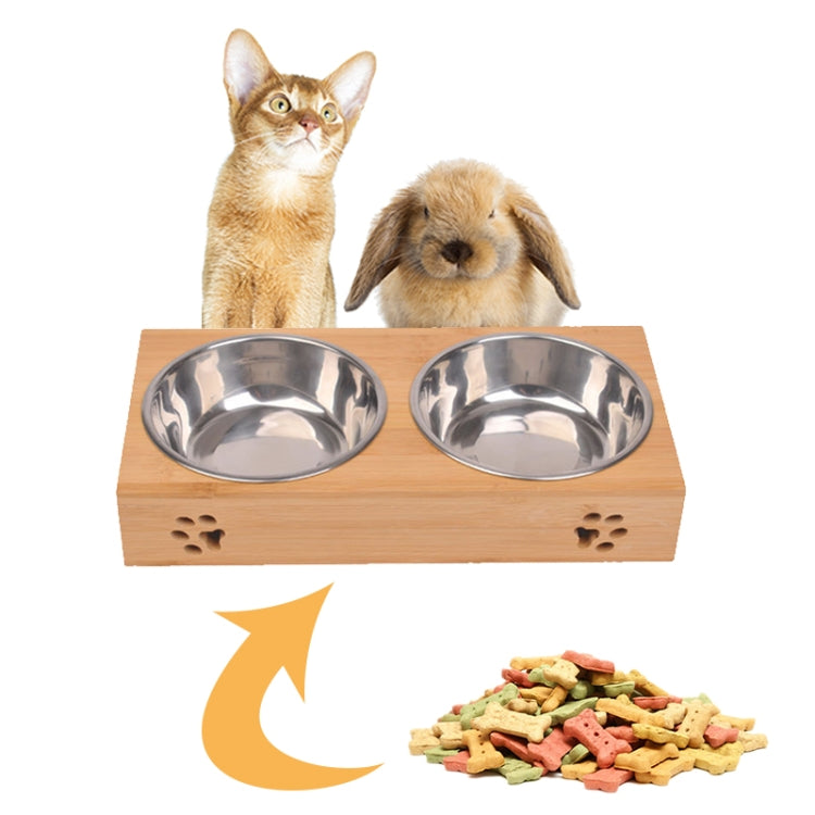 Cat Dog Pet Stainless Steel Feeding and Drinking Bowls Combination With Bamboo Frame, Size:L