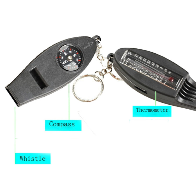 Black Keychain Versatile 4 IN 1 Compass Thermometer Whistle Magnifier for traveling camping hiking climbing outdoor sports