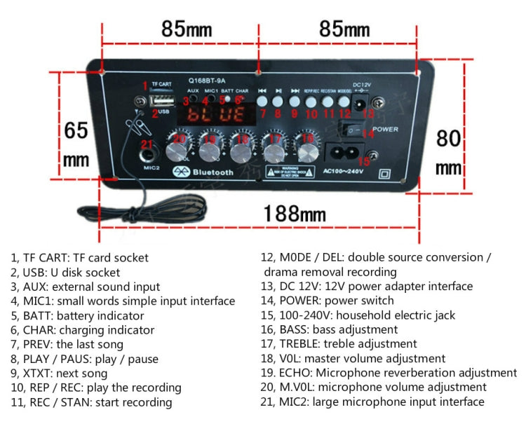 12V AC220V Bluetooth Subwoofer Power Amplifier Board Karaoke Audio Amplifier Support AUX TF Card U Disk Recording Radio(Black)