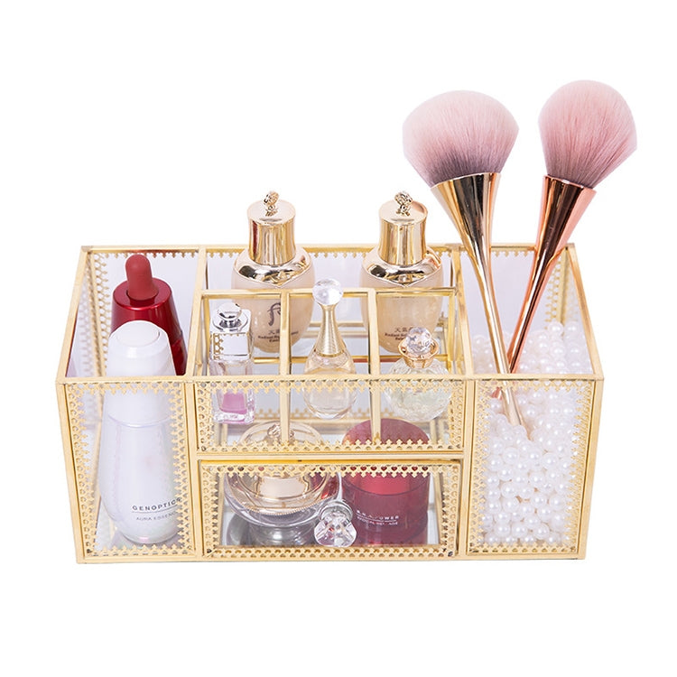 Glass Storage Box Manicure Skin Care Cosmetic Brush Tool Desktop Storage Cosmetic Box(Copper)