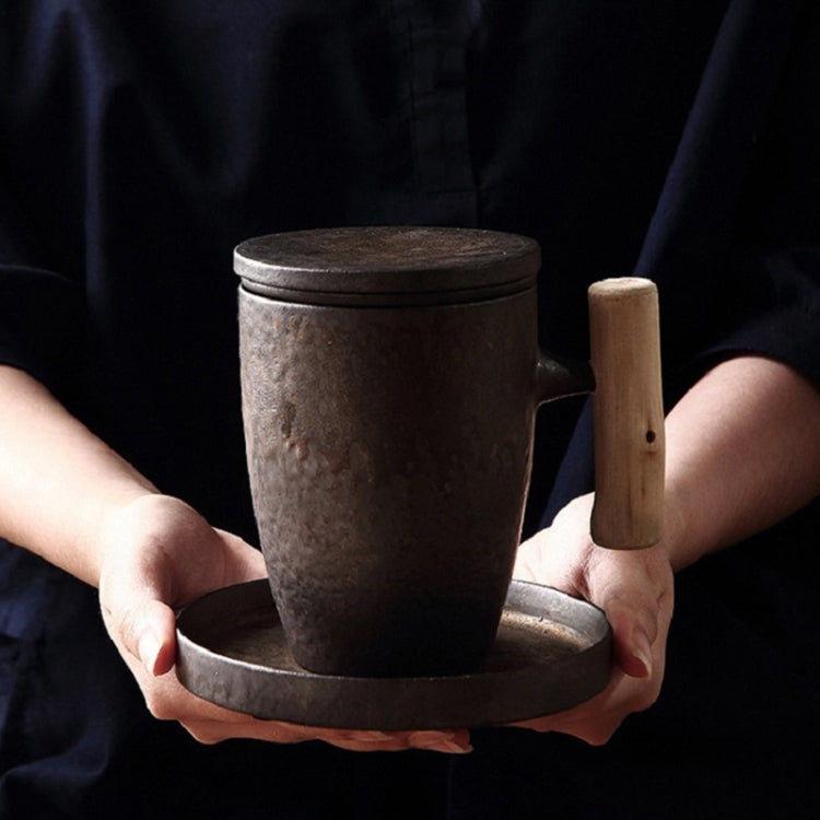 Gilt Glazed Wooden Handle Filter Tea Cup, Style:007 Wooden Handle Three-piece Set + Small Disc