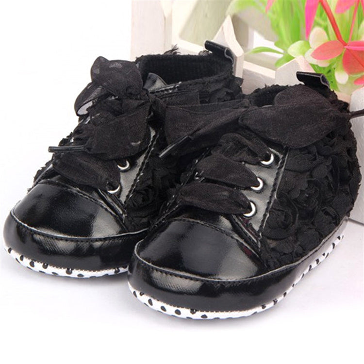 Baby Girls Autumn Shoes Toddler Soft Sole Pink Rose Flowers Children Shoes Infant Lace Shoes(Black)