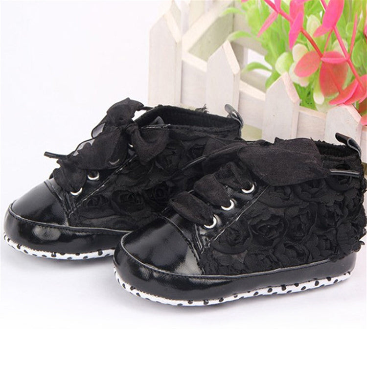 Baby Girls Autumn Shoes Toddler Soft Sole Pink Rose Flowers Children Shoes Infant Lace Shoes(Black)