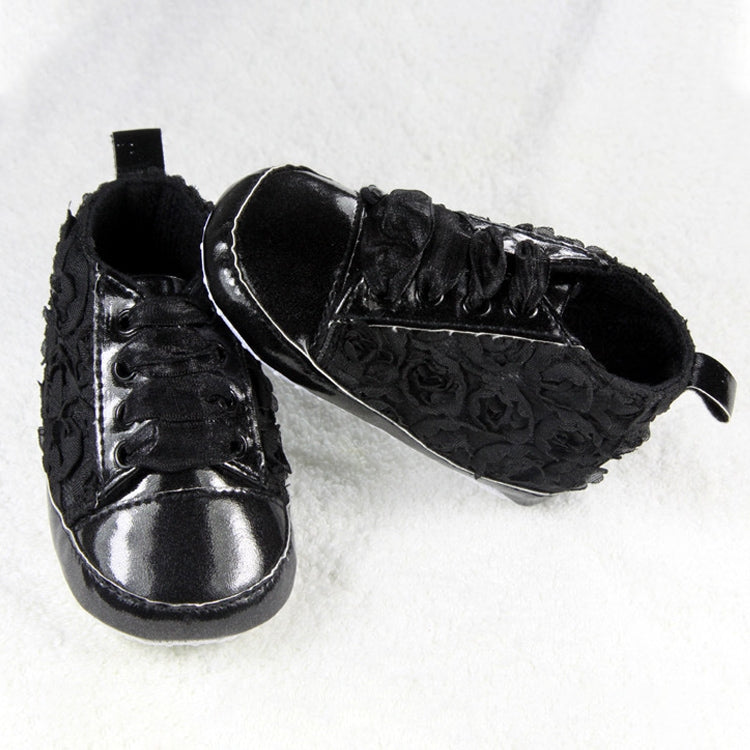 Baby Girls Autumn Shoes Toddler Soft Sole Pink Rose Flowers Children Shoes Infant Lace Shoes(Black)