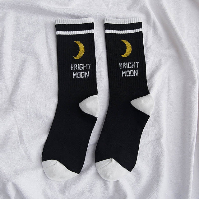 Two Bars Moon Pattern Tube Female Socks, Size:One Size