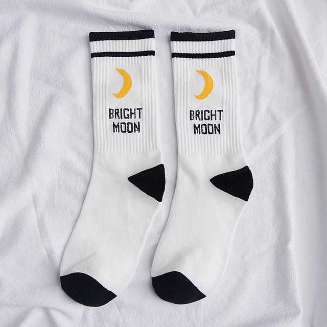 Two Bars Moon Pattern Tube Female Socks, Size:One Size