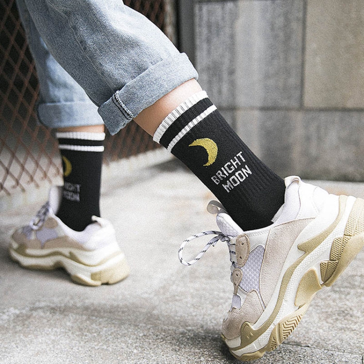 Two Bars Moon Pattern Tube Female Socks, Size:One Size