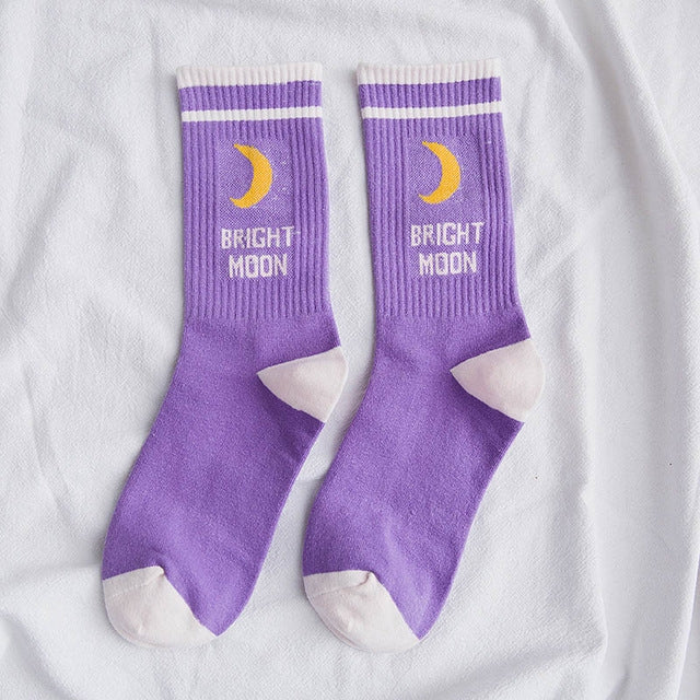 Two Bars Moon Pattern Tube Female Socks, Size:One Size