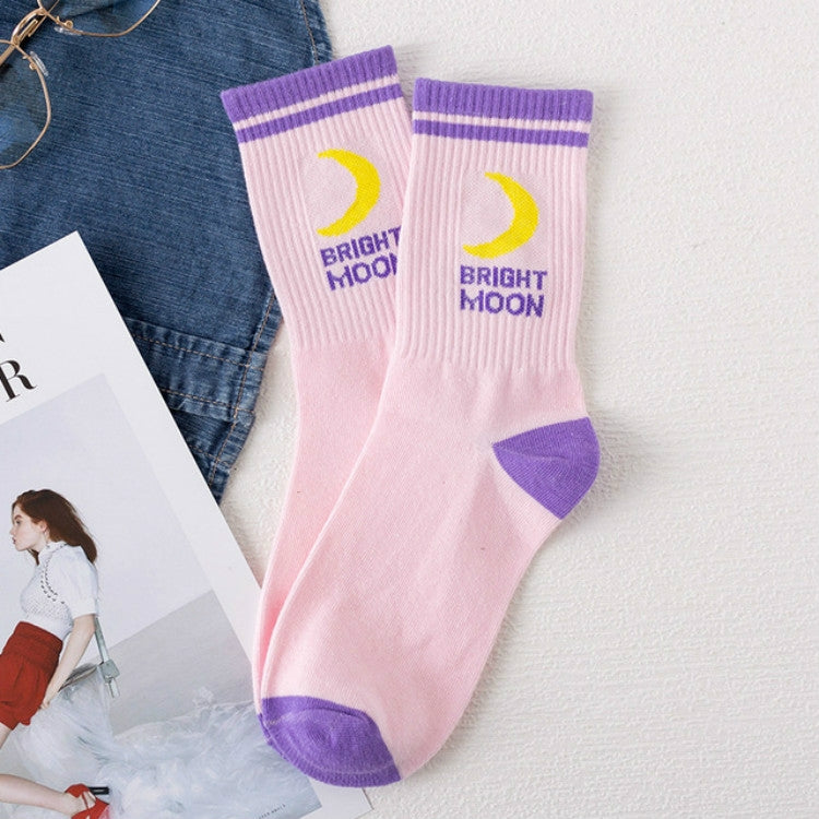 Two Bars Moon Pattern Tube Female Socks, Size:One Size