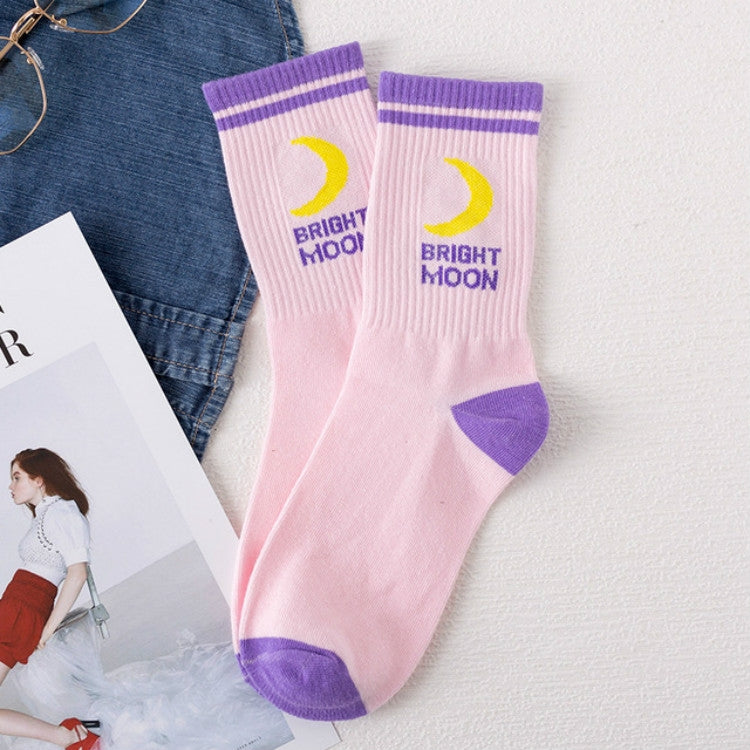 Two Bars Moon Pattern Tube Female Socks, Size:One Size