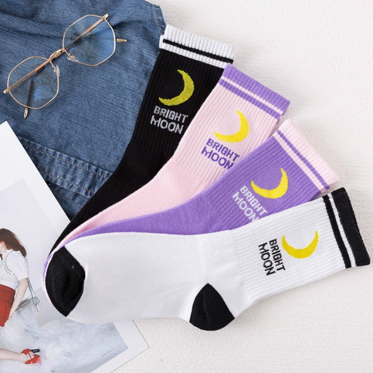 Two Bars Moon Pattern Tube Female Socks, Size:One Size