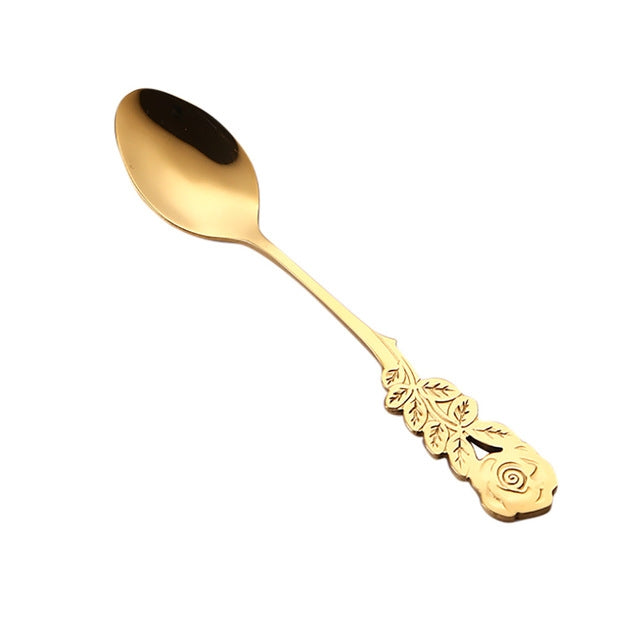 Small Mini Stainless Steel Rose Flower Coffee Spoon Strring Spoon Teaspoon Tea Spoon Dessert Spoon Long Handle Tableware