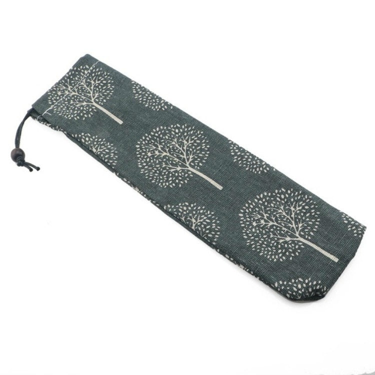 Cotton Linen Tableware Straw Bag Portable Beam Mouth Bag for Traveling, Style:Simple Tree