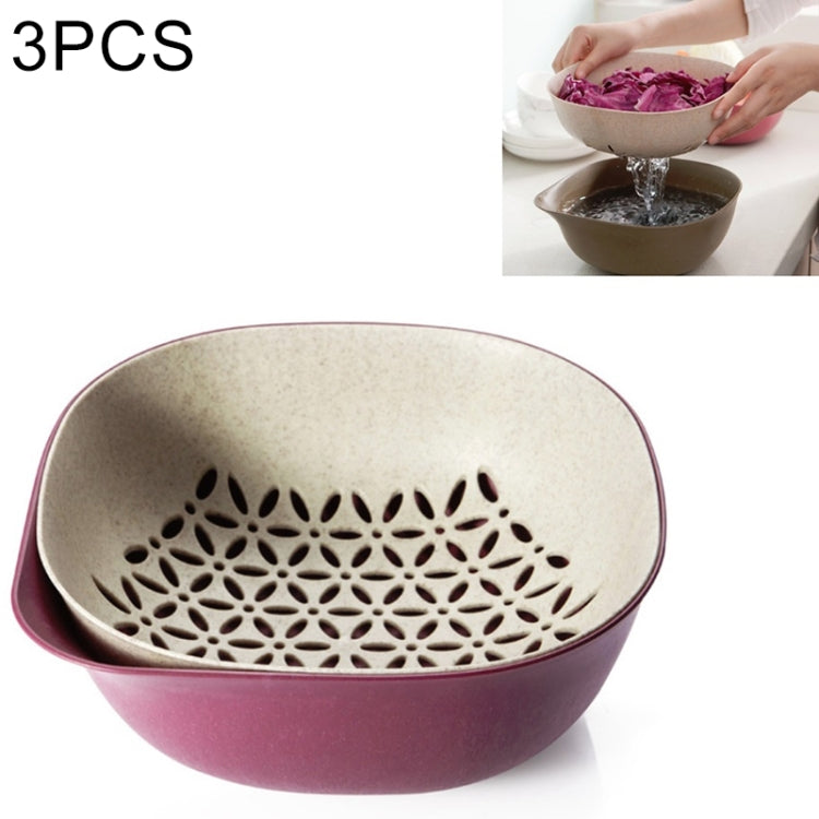 3 PCS Home Kitchen Double Layer Wheat Straw Fruit Vegetable Drain Basket