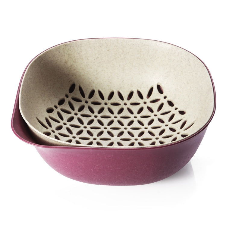 3 PCS Home Kitchen Double Layer Wheat Straw Fruit Vegetable Drain Basket