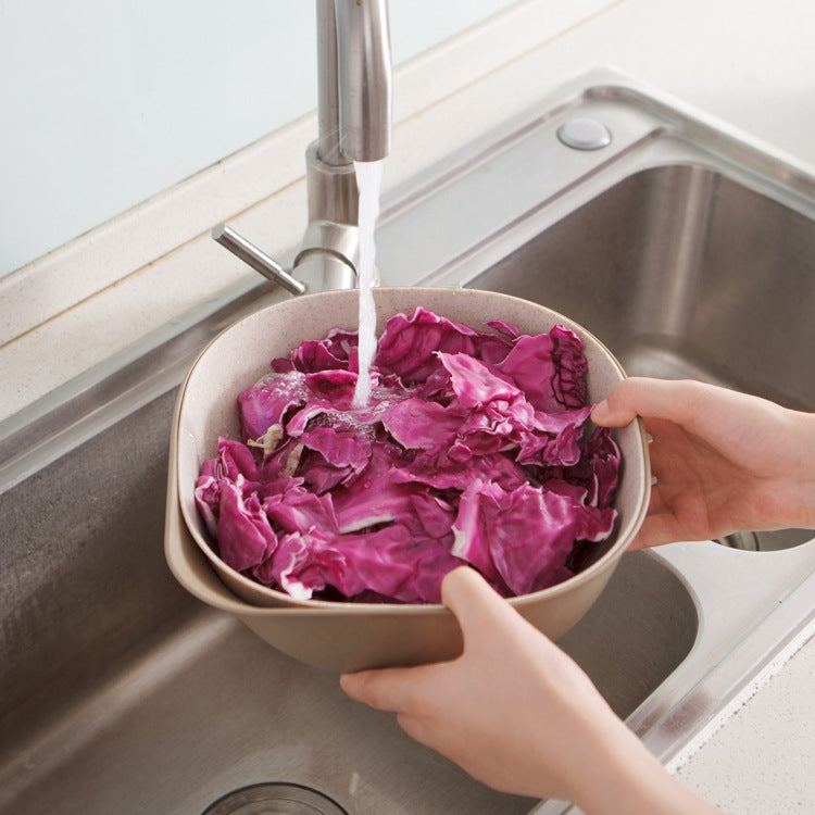 3 PCS Home Kitchen Double Layer Wheat Straw Fruit Vegetable Drain Basket