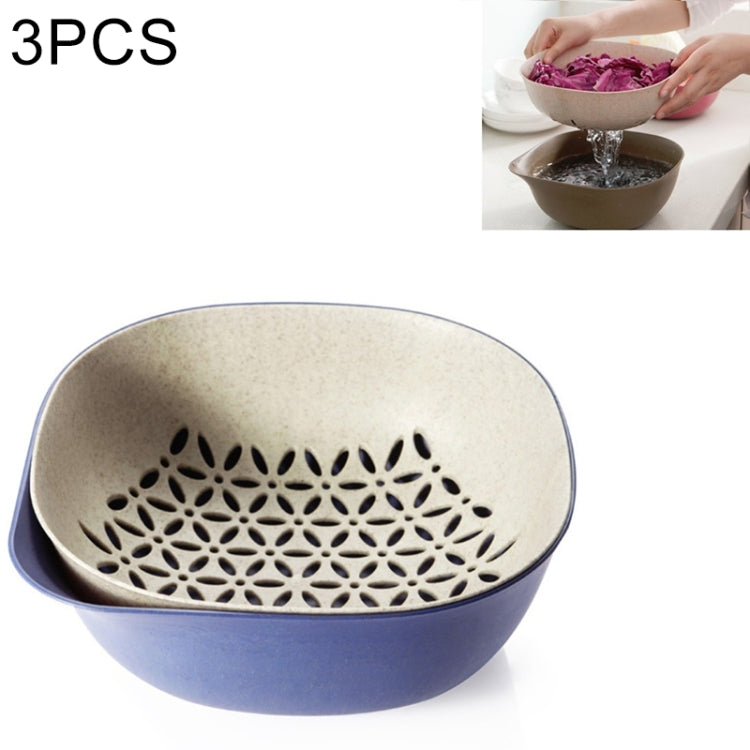 3 PCS Home Kitchen Double Layer Wheat Straw Fruit Vegetable Drain Basket