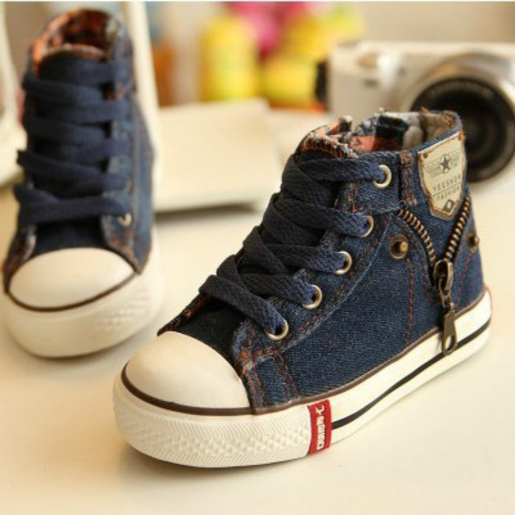Denim Canvas Sports Breathable Children Flat Boots Shoes, Size:32(Dark Blue)