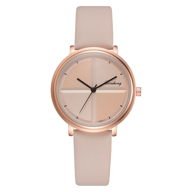 Women Simple Style Two-color Round Dial PU Belt Quartz Watch