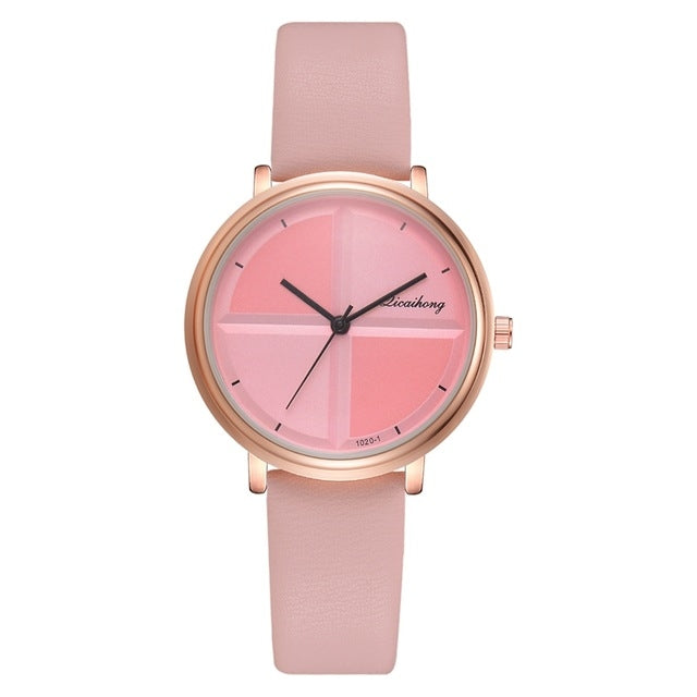Women Simple Style Two-color Round Dial PU Belt Quartz Watch