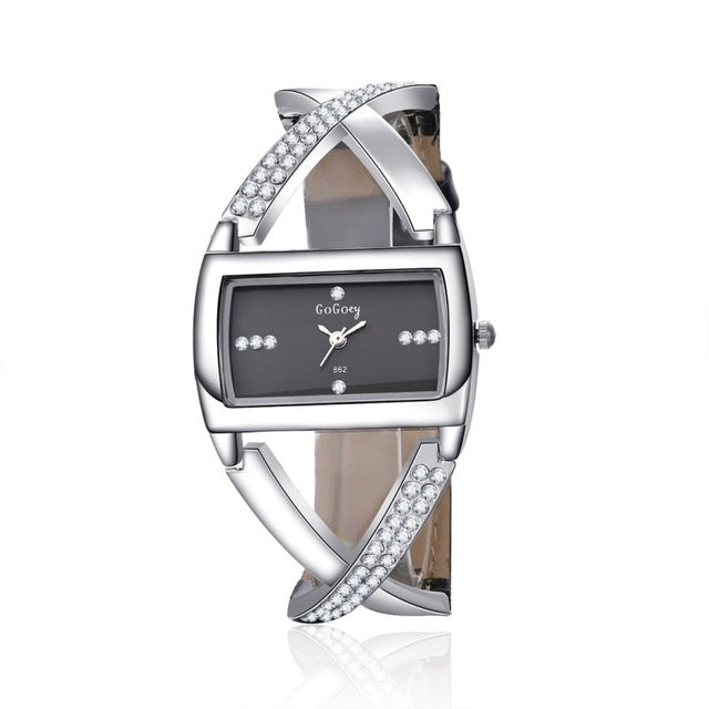 WAT1498 Fashion Square Dial Hollow Diamond Leather Belt Bracelet Watch for Women