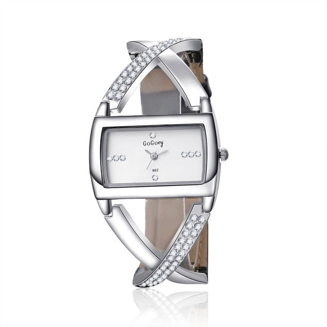 WAT1498 Fashion Square Dial Hollow Diamond Leather Belt Bracelet Watch for Women
