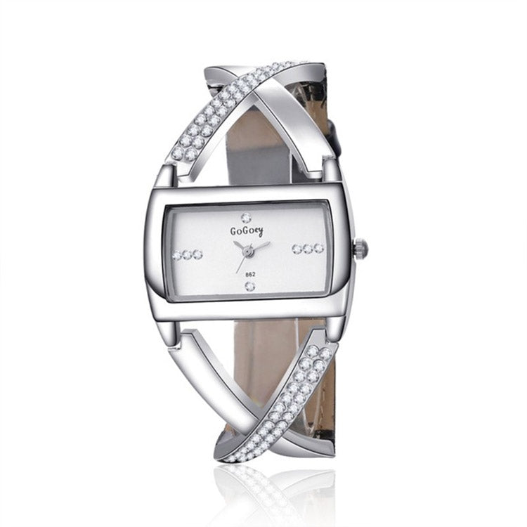 WAT1498 Fashion Square Dial Hollow Diamond Leather Belt Bracelet Watch for Women