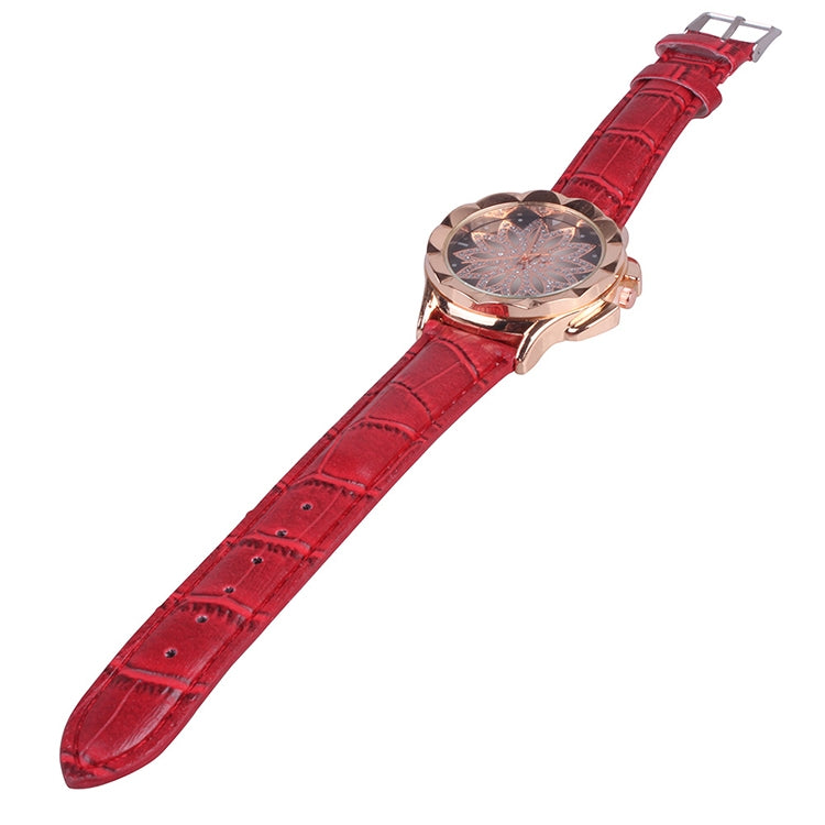 MOK Casual Lotus Pattern Dial Leather Strap Quartz Watch