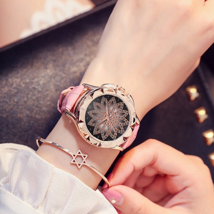 MOK Casual Lotus Pattern Dial Leather Strap Quartz Watch
