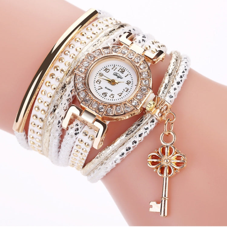 Round Small Dial Diamond-plated Ring Bracelet Quartz Watch with Key Pendant