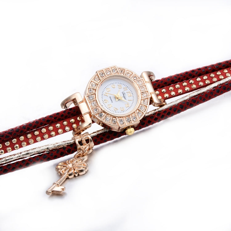 Round Small Dial Diamond-plated Ring Bracelet Quartz Watch with Key Pendant