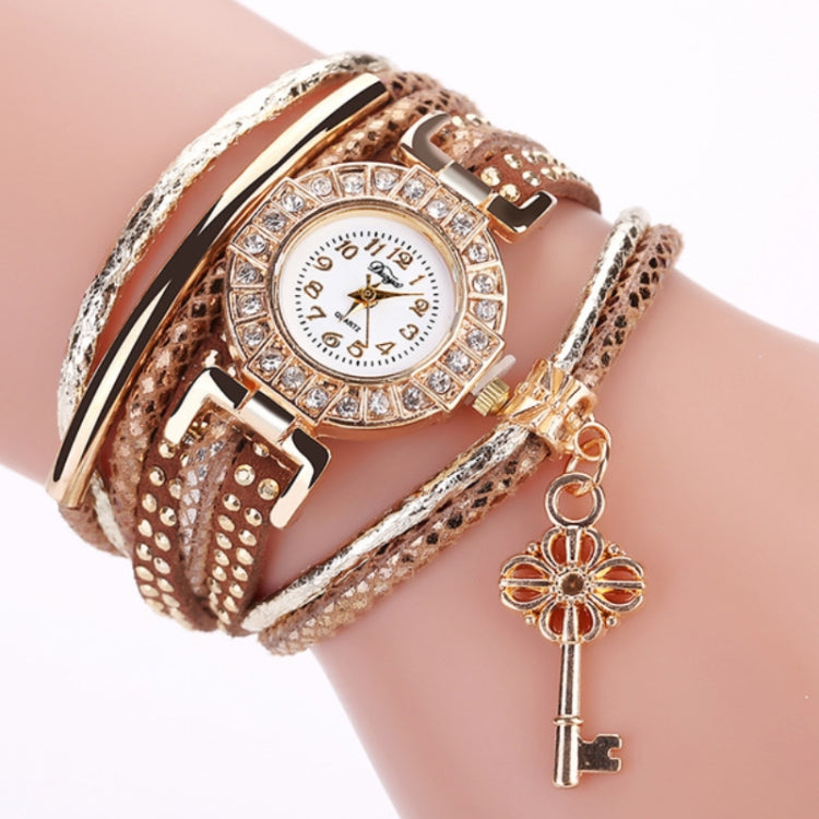 Round Small Dial Diamond-plated Ring Bracelet Quartz Watch with Key Pendant