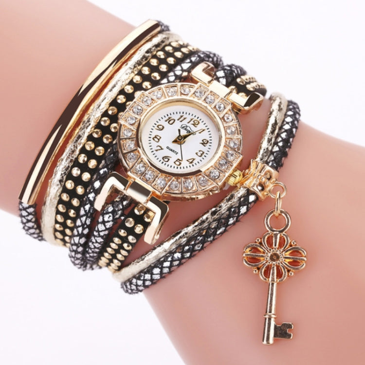 Round Small Dial Diamond-plated Ring Bracelet Quartz Watch with Key Pendant