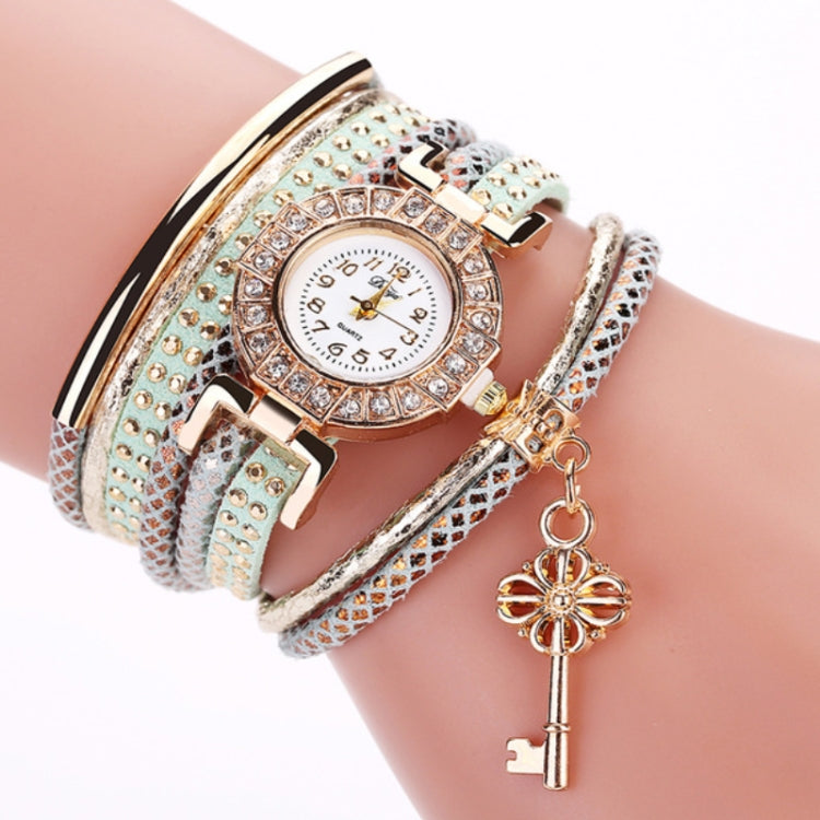 Round Small Dial Diamond-plated Ring Bracelet Quartz Watch with Key Pendant