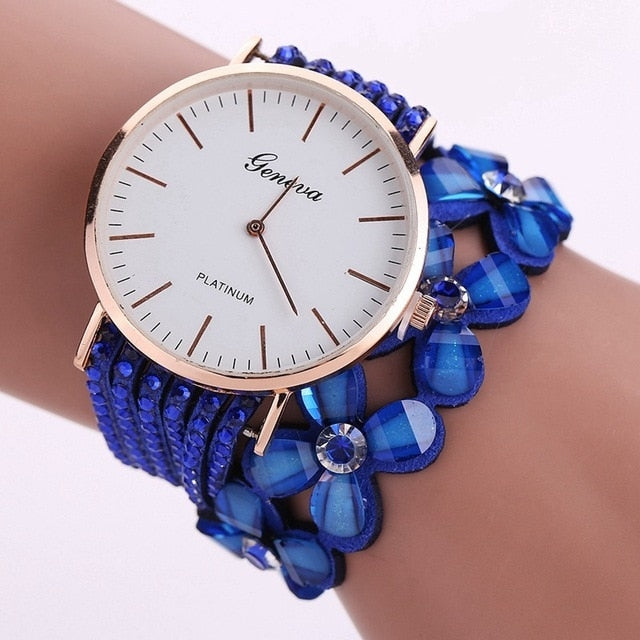 Women Round Dial Flower Diamond Studs Bracelet Watch