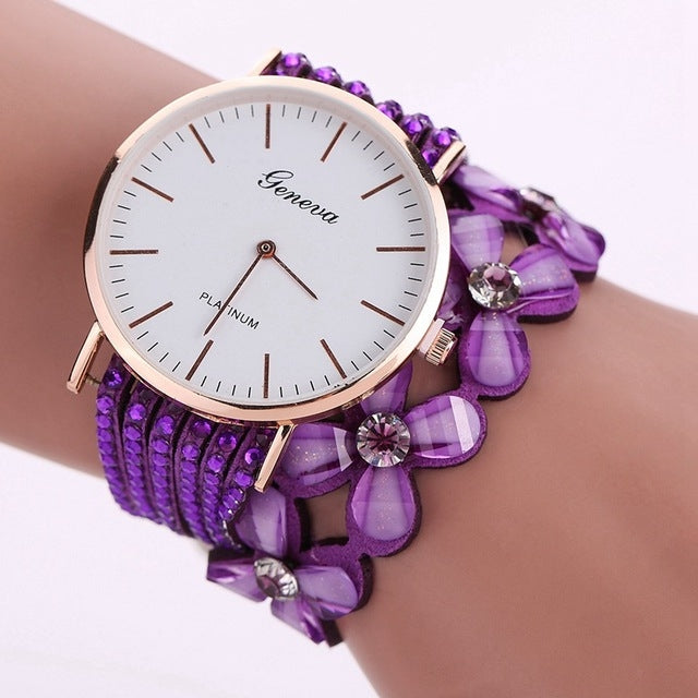 Women Round Dial Flower Diamond Studs Bracelet Watch