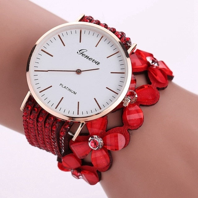 Women Round Dial Flower Diamond Studs Bracelet Watch