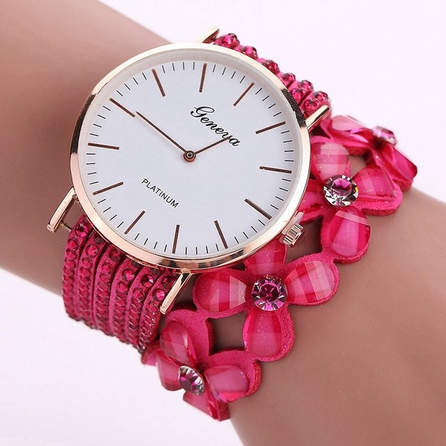Women Round Dial Flower Diamond Studs Bracelet Watch