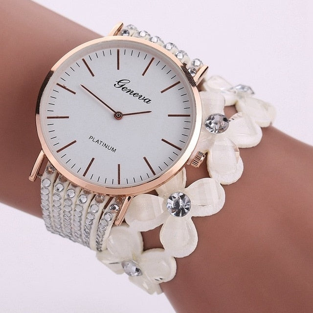 Women Round Dial Flower Diamond Studs Bracelet Watch