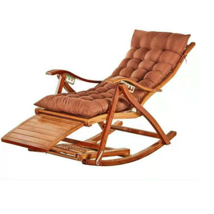 Rocking Chair Adult Folding Lunch Break Easy Chair Living Room Napping Bed Home Balcony Leisure Old Bamboo Chair, Color:Coffee With Short Cushion
