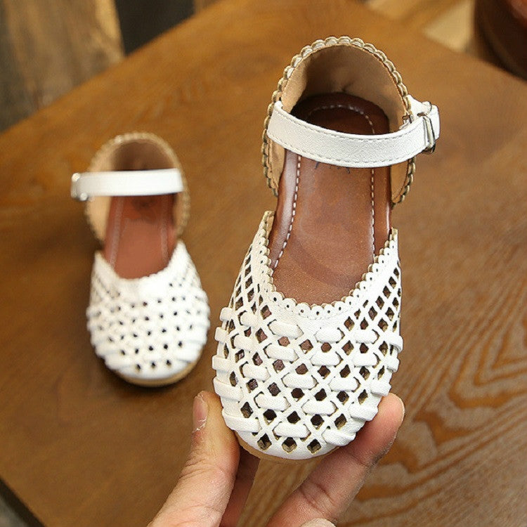 Girls Sandals Woven Hollow Flat Princess Shoes, Size:23(White)