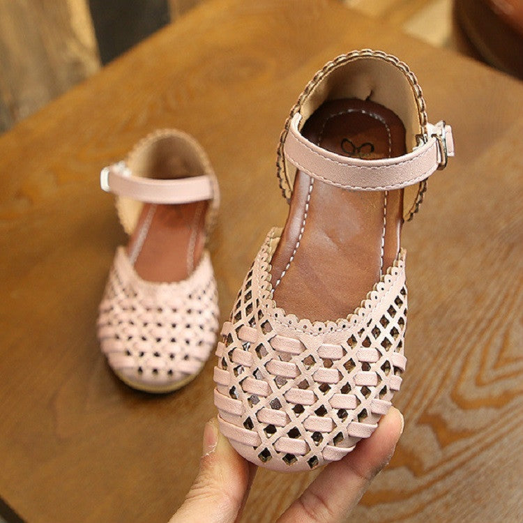 Girls Sandals Woven Hollow Flat Princess Shoes, Size:28