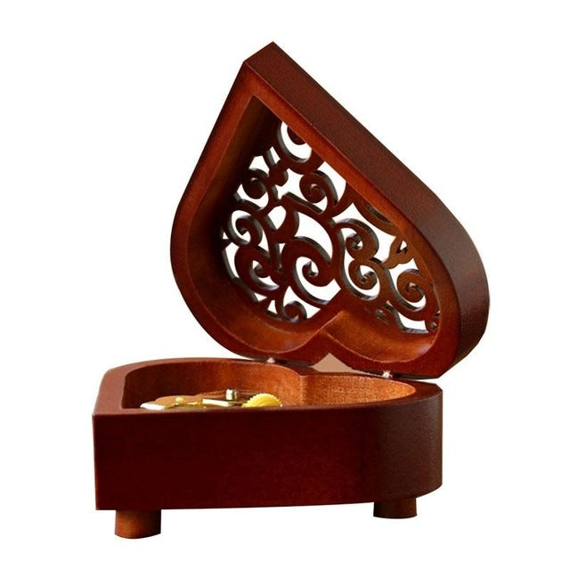 2 PCS Creative Heart Shaped Vintage Wood Carved Mechanism Musical Box Wind Up Music Box Gift, Golden Movement