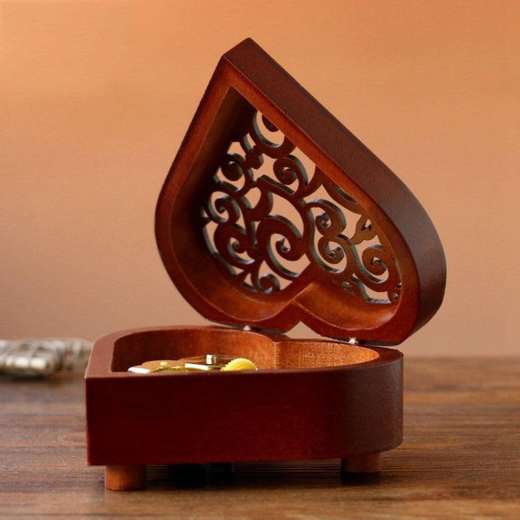 2 PCS Creative Heart Shaped Vintage Wood Carved Mechanism Musical Box Wind Up Music Box Gift, Golden Movement