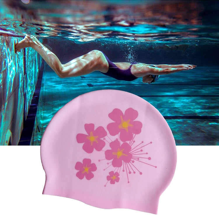 Pink Flowers Pattern Earmuffs Silicone Waterproof Swimming Cap for Women