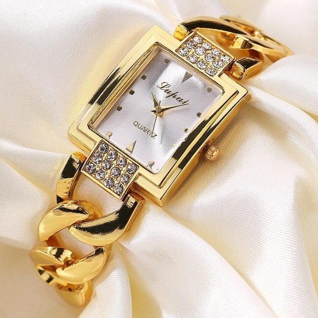 Square Dial Diamond Plated Hollow Alloy Bracelet Strap Quartz Watch for Women