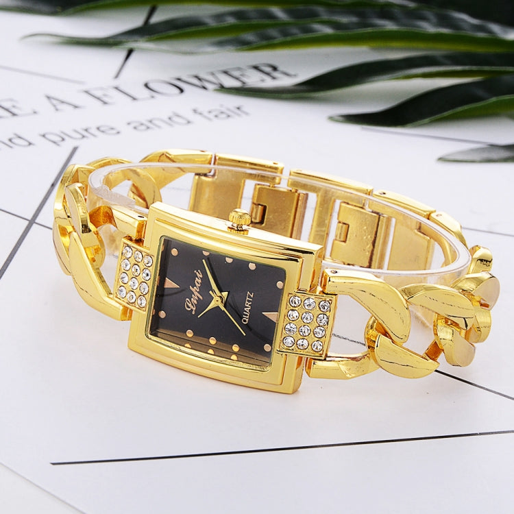 Square Dial Diamond Plated Hollow Alloy Bracelet Strap Quartz Watch for Women