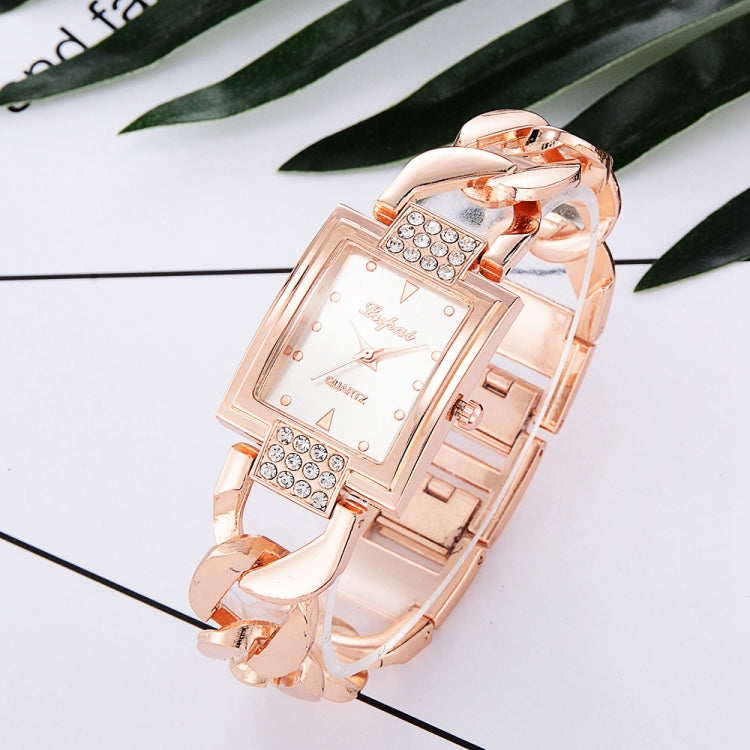 Square Dial Diamond Plated Hollow Alloy Bracelet Strap Quartz Watch for Women